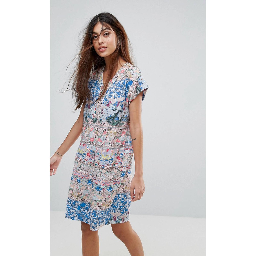 Yumi Valentine Blue Abstract Patchwork Floral Tunic Dress